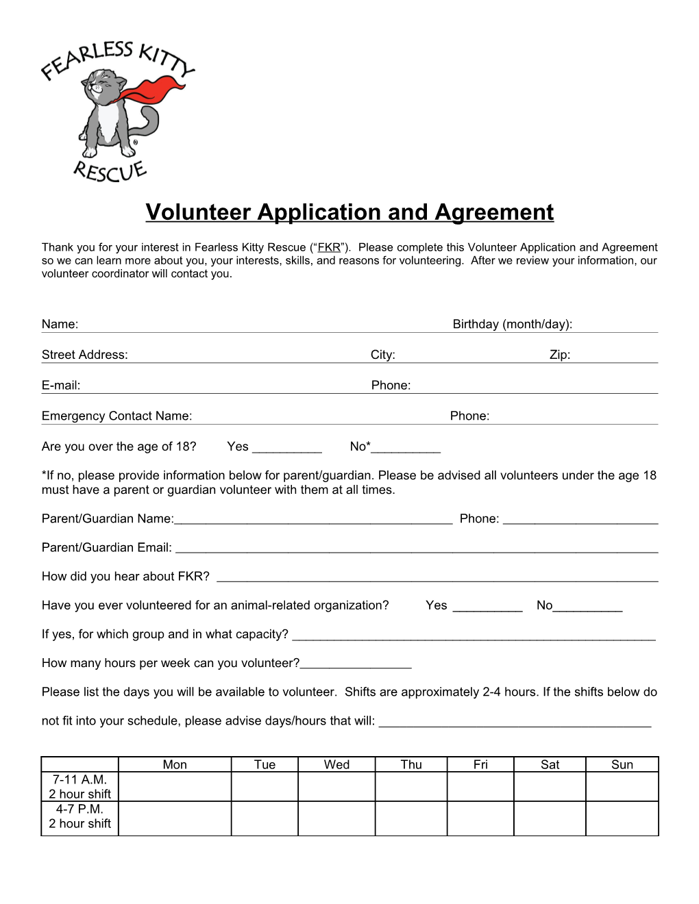 Volunteer Application and Agreement