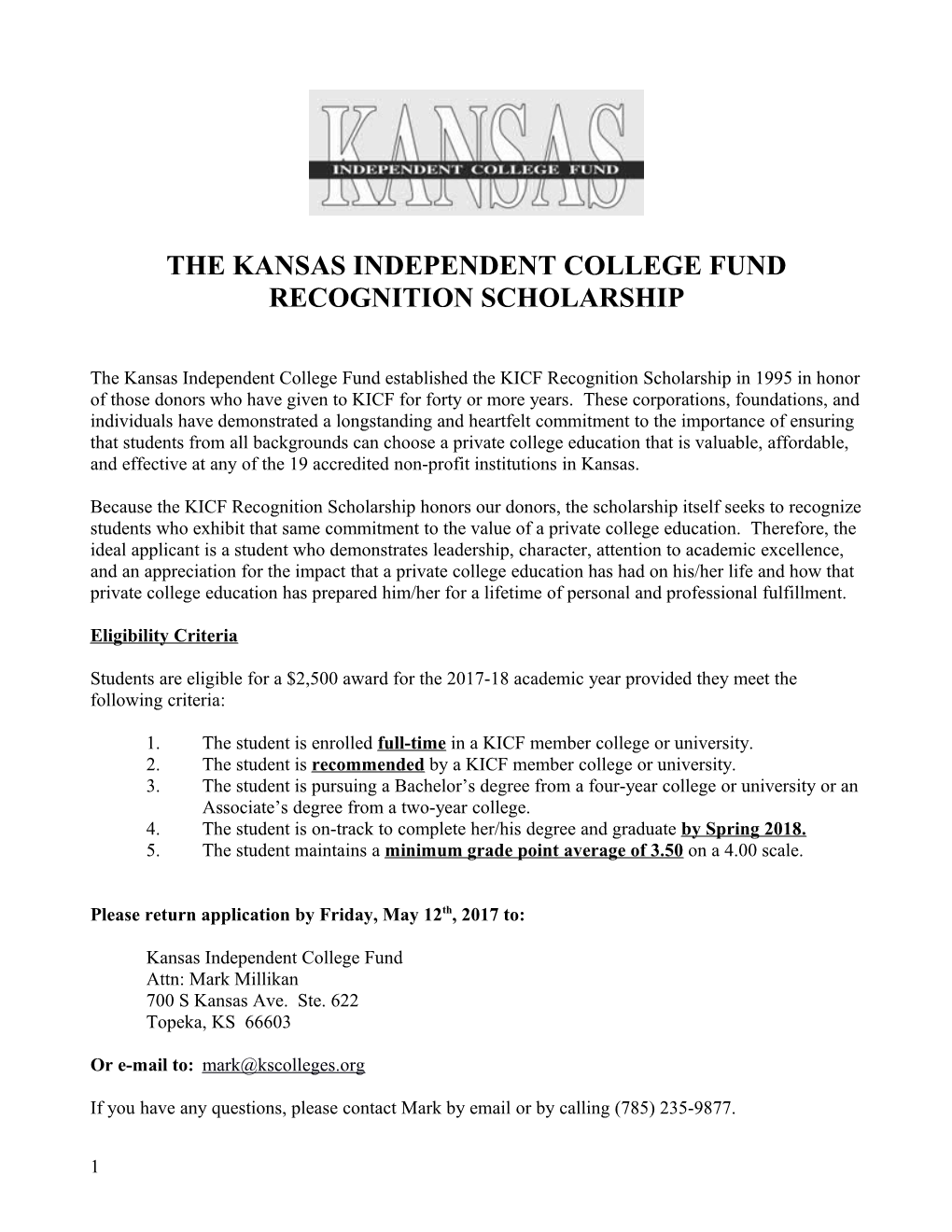 Kansas Independent College Fund Recognition Scholaship