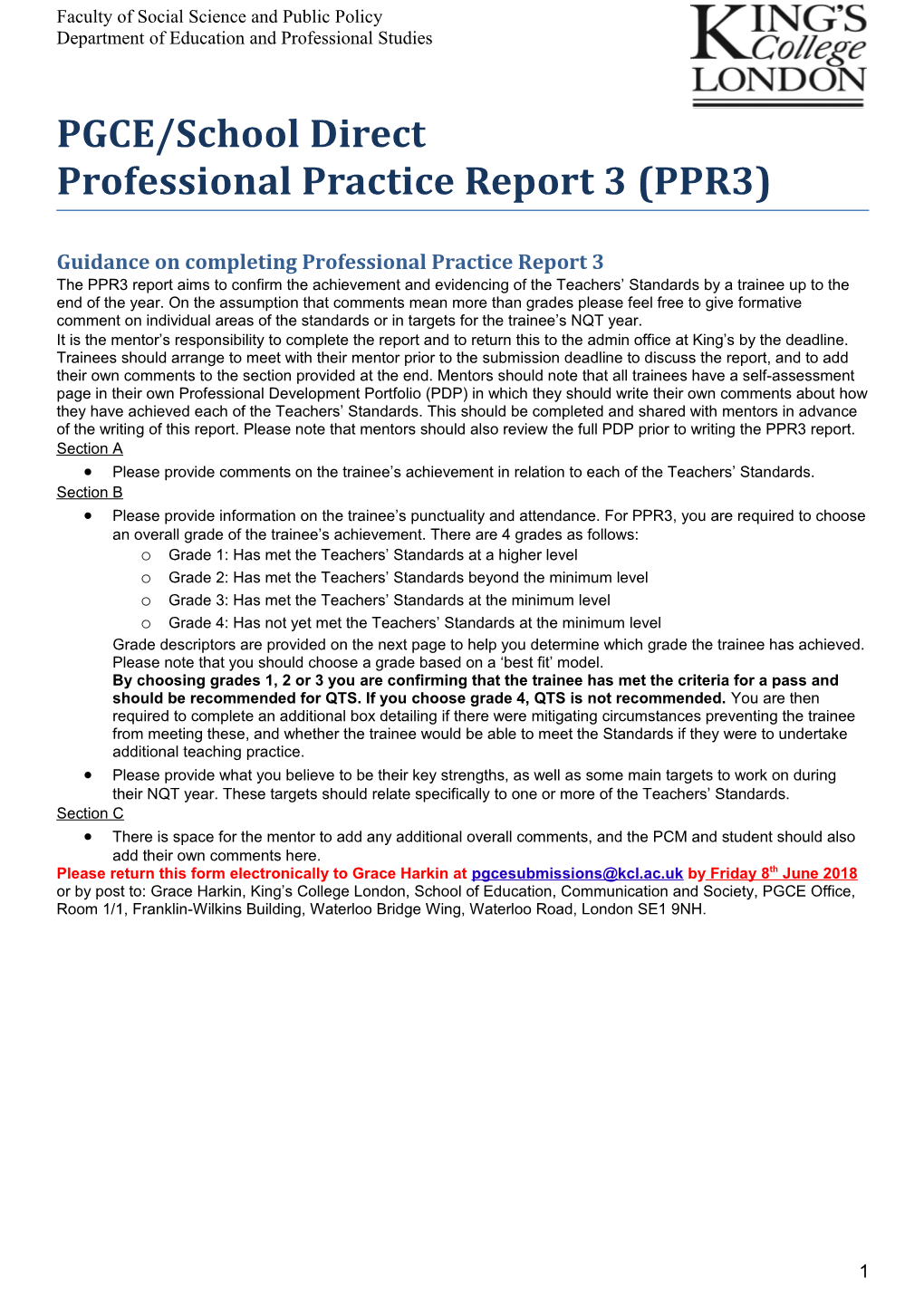 King S College London PGCE/School Direct: Professional Practice Report 3 (PPR3)