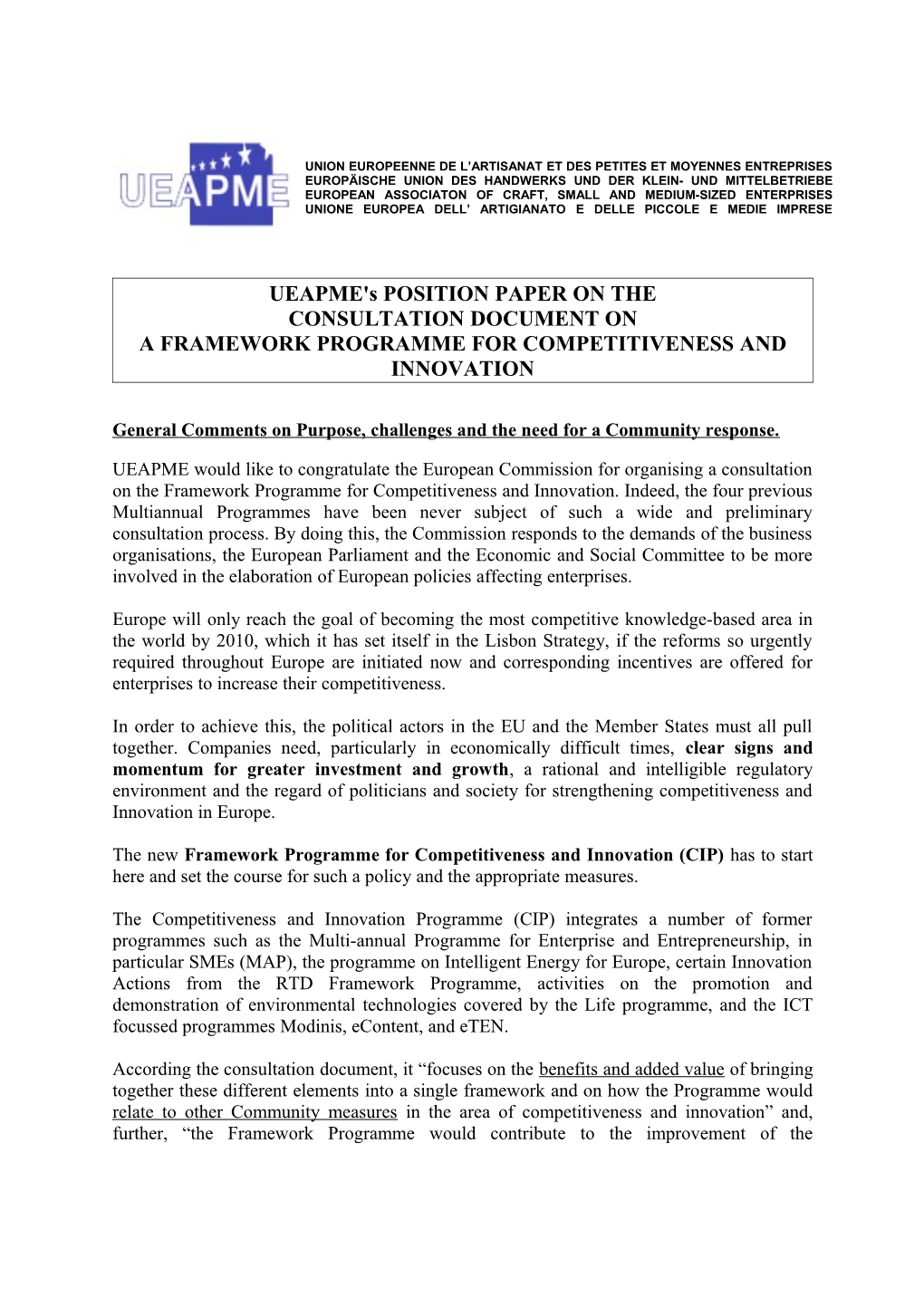 UEAPME's POSITION PAPER on THE