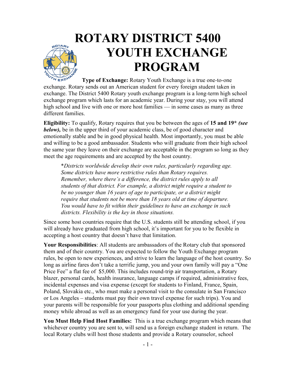 Rotary District 5400 Youth Exchange Program