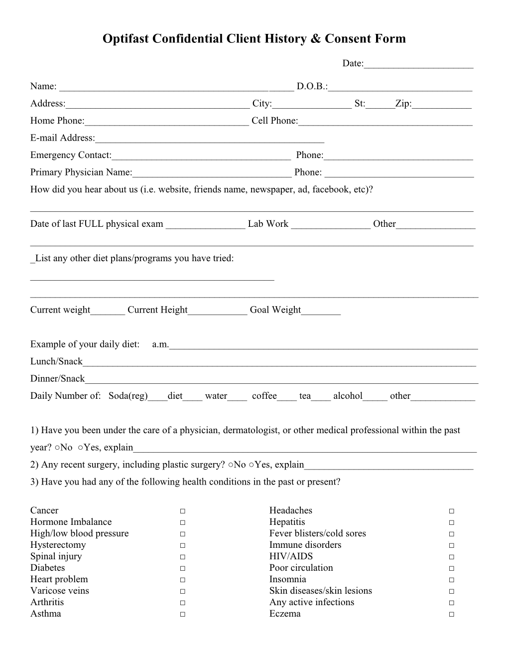 Confidential Client History & Consent Form