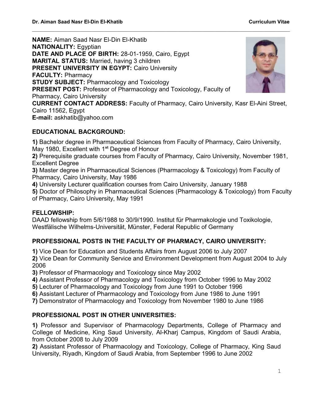Dr. Aiman Saad Nasr El-Din El-Khatib Curriculum Vitae