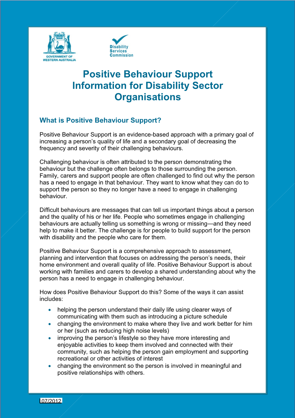 Positive Behaviour Support Information for Disability Sector Organisations
