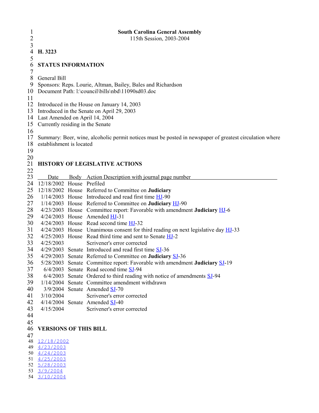 2003-2004 Bill 3223: Beer, Wine, Alcoholic Permit Notices Must Be Posted in Newspaper Of