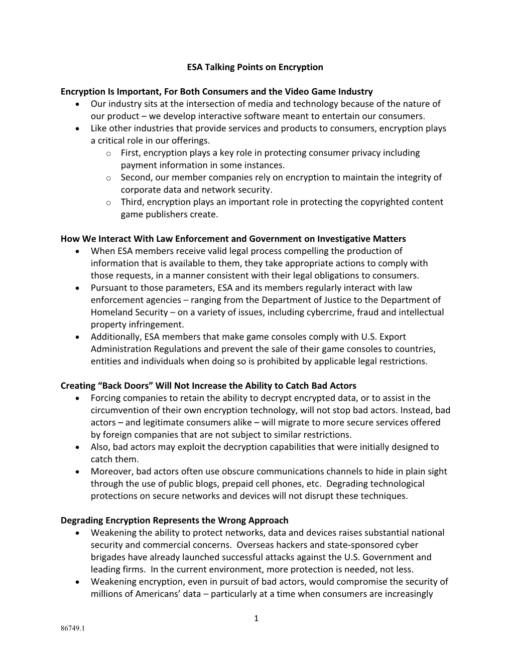 ESA Talking Points on Encryption