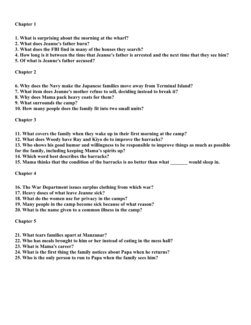 1. What Is Surprising About the Morning at the Wharf? 2. What Does Jeanne's Father Burn?