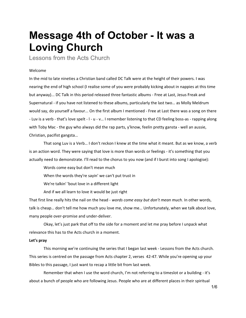 Message 4Th of October - It Was a Loving Church