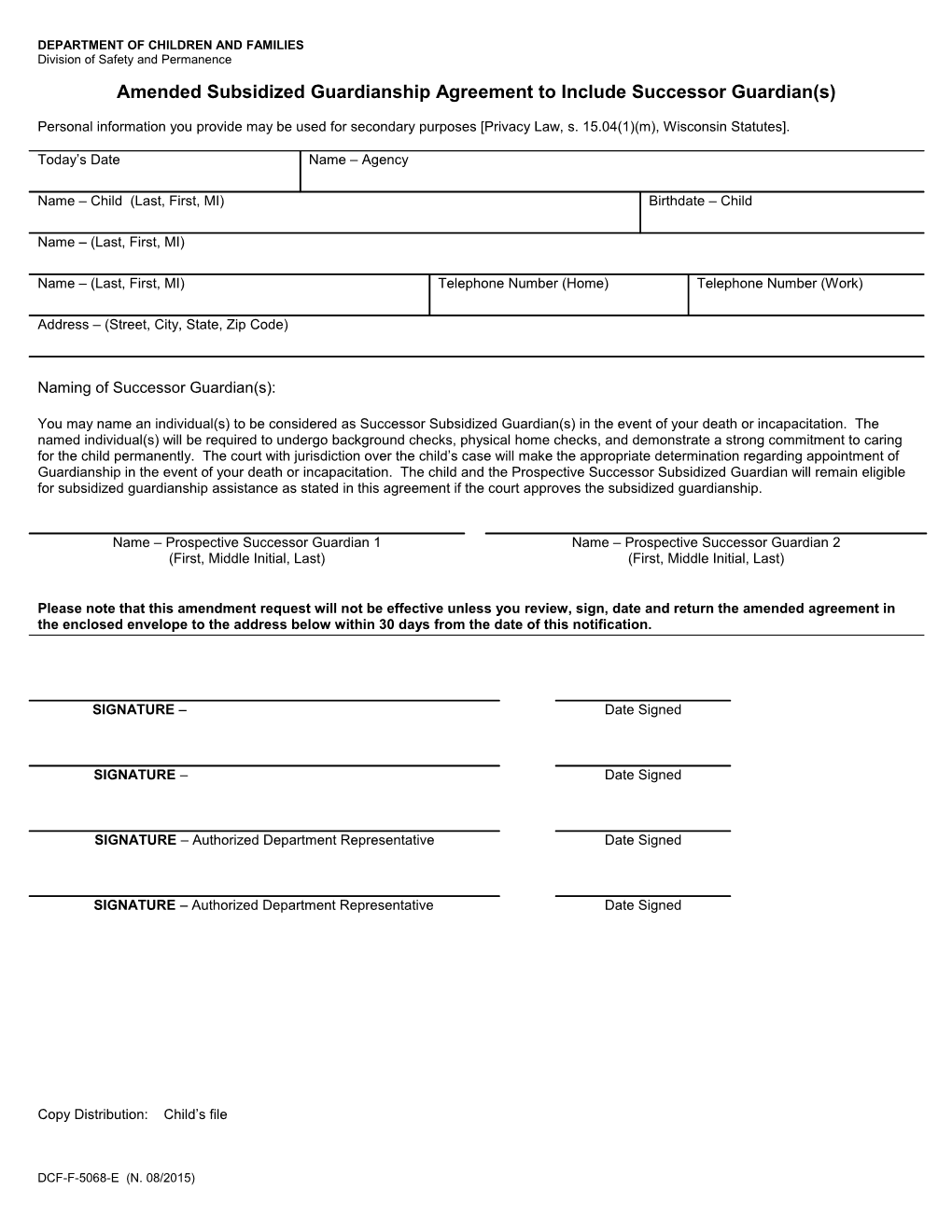 Amended Subsidized Guardianship Agreement to Include Sucessor Guardians