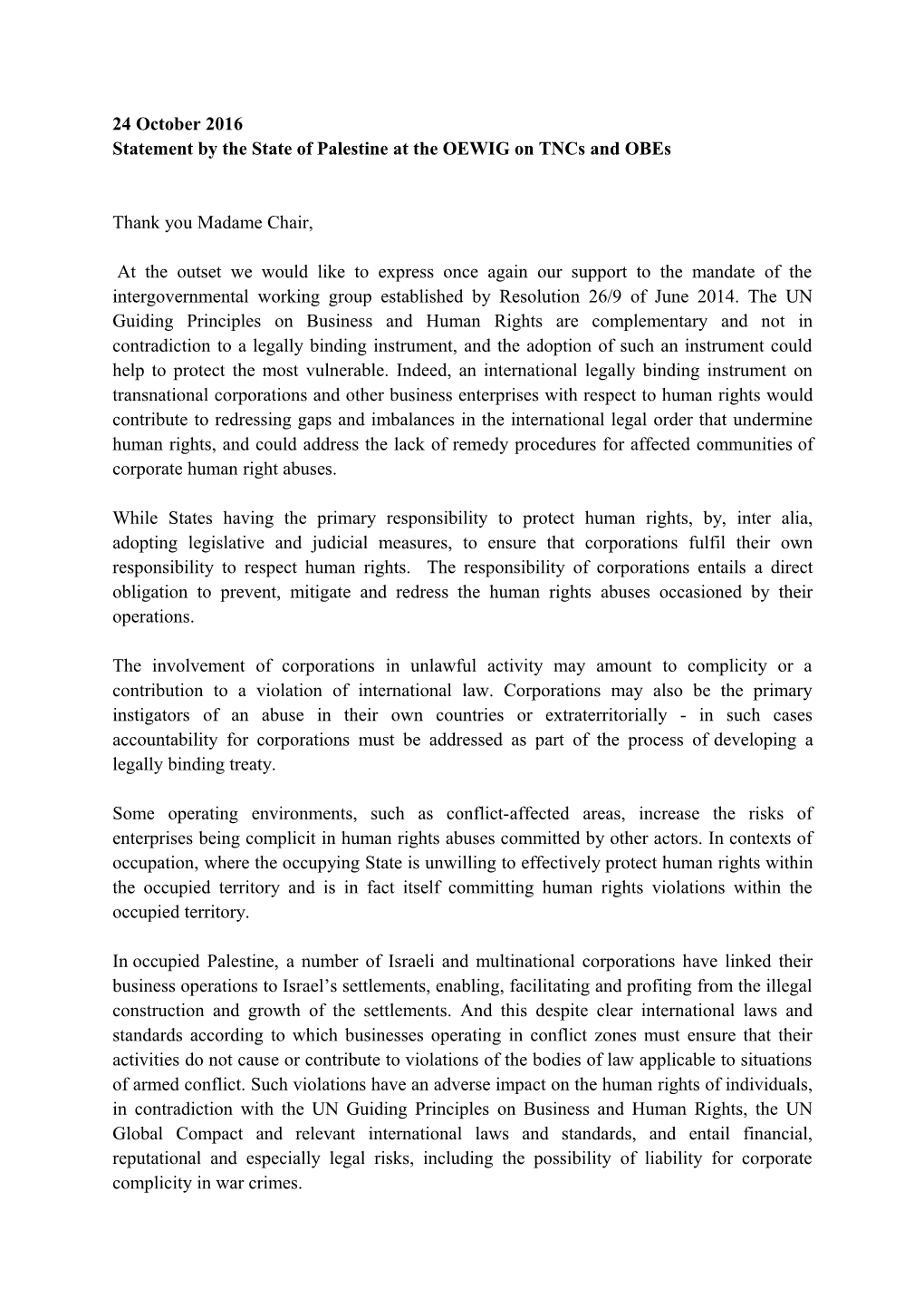 Statement by the State of Palestine at the OEWIG on Tncs and Obes