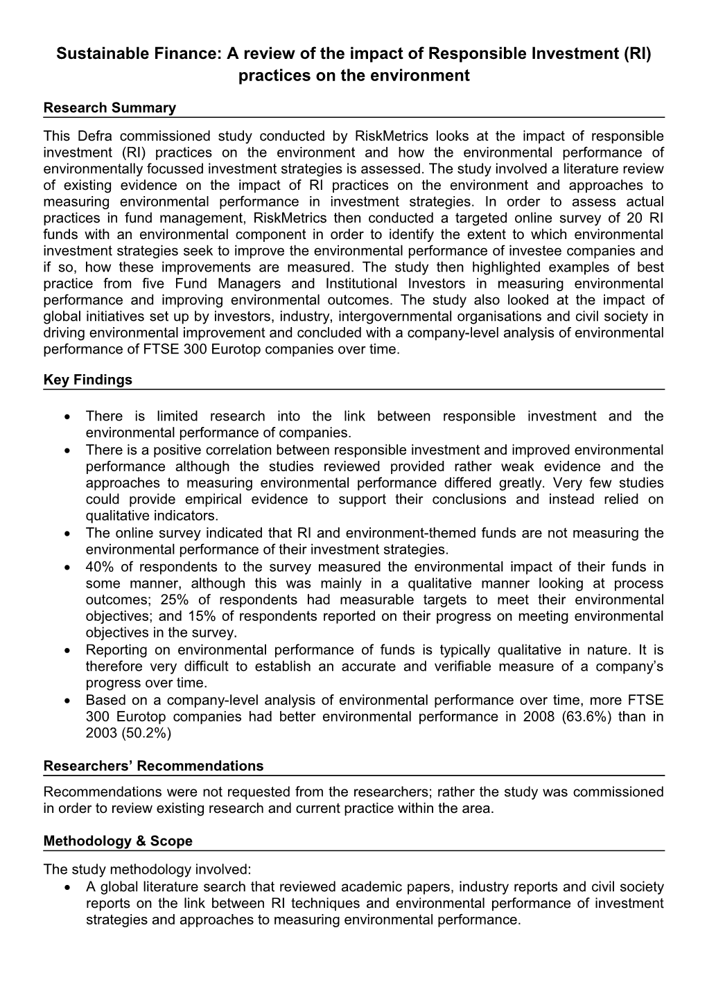 Sustainable Finance: a Review of the Impact of Responsible Investment (RI) Practices On