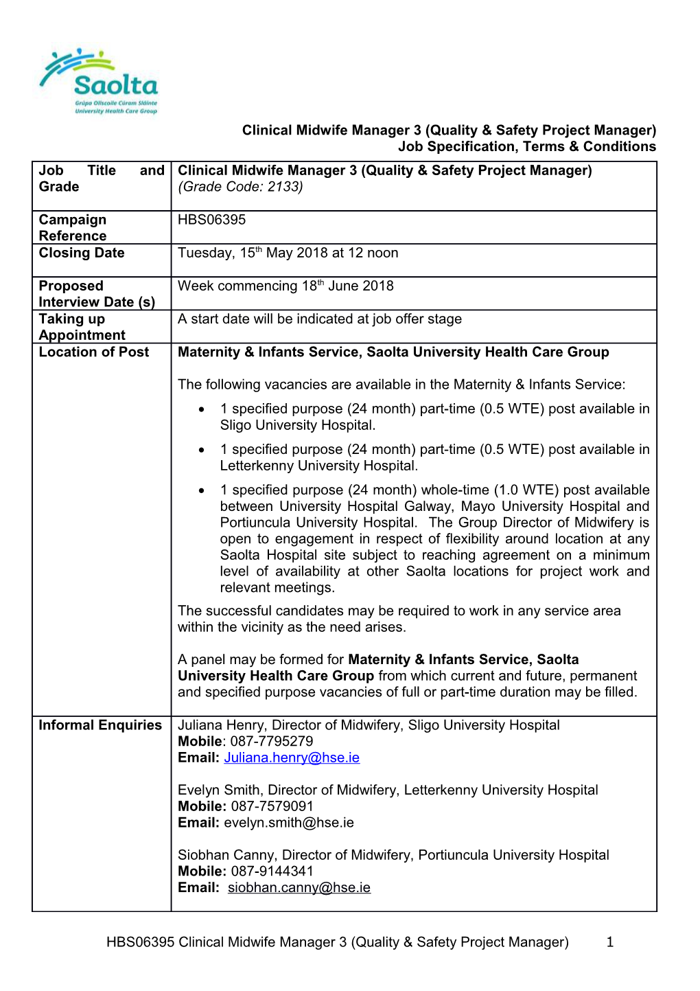 Clinical Midwife Manager 3(Quality & Safety Project Manager)