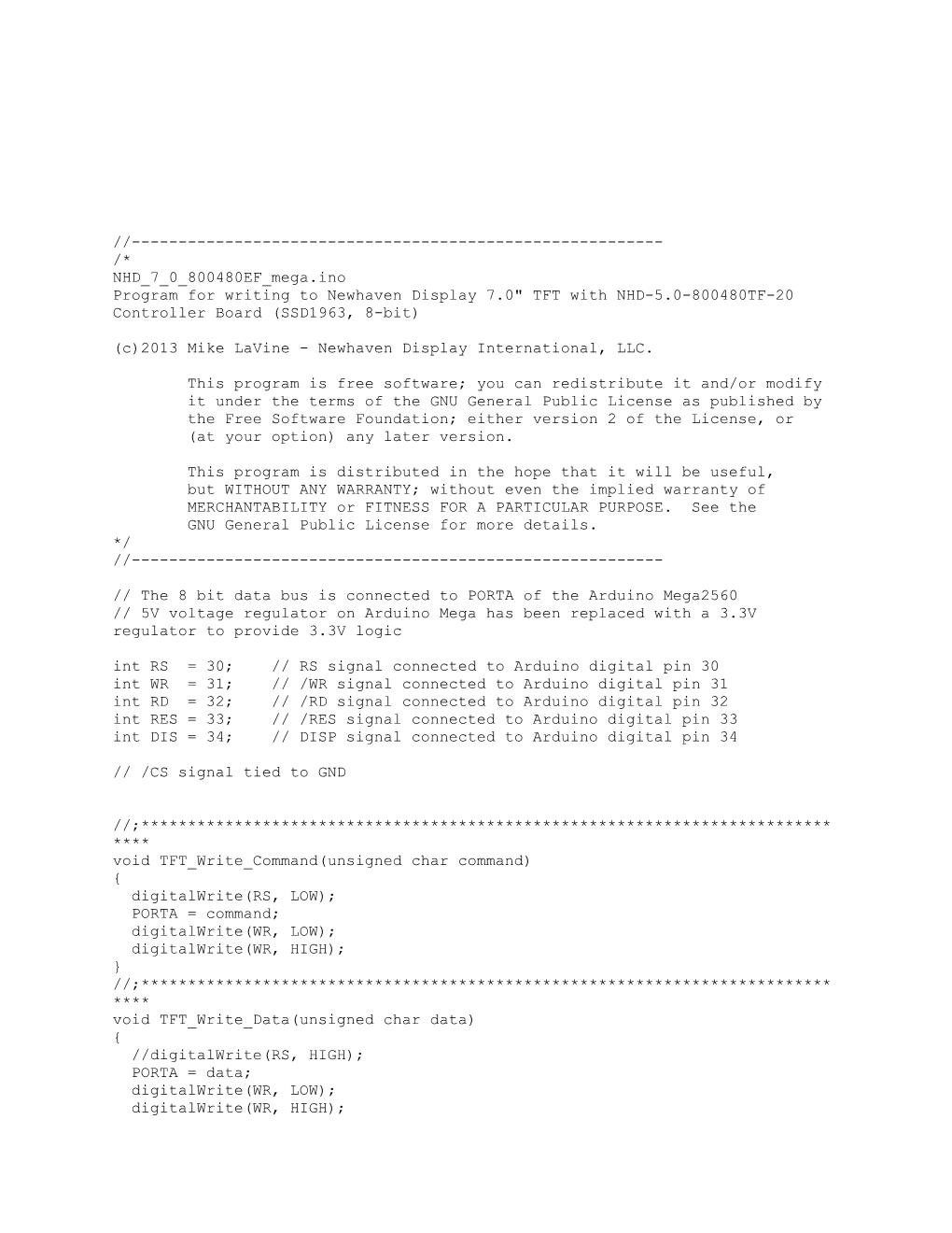 Program for Writing to Newhaven Display 7.0 TFT with NHD-5.0-800480TF-20 Controller Board