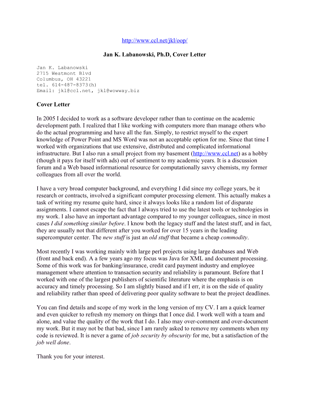 Jan K. Labanowski, Ph.D, Cover Letter