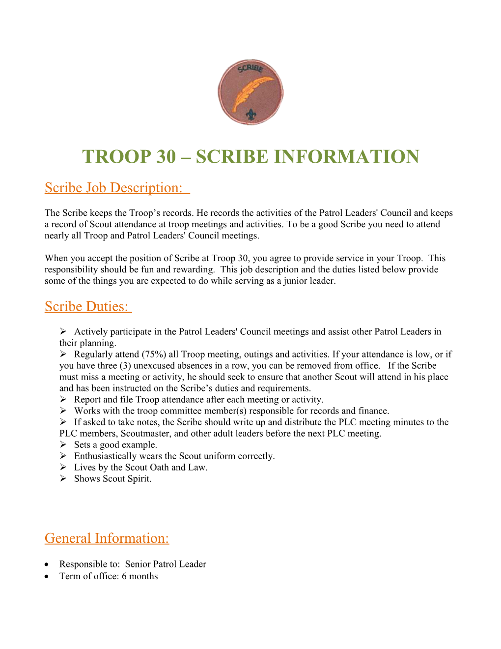 Troop 30 Scribe Information