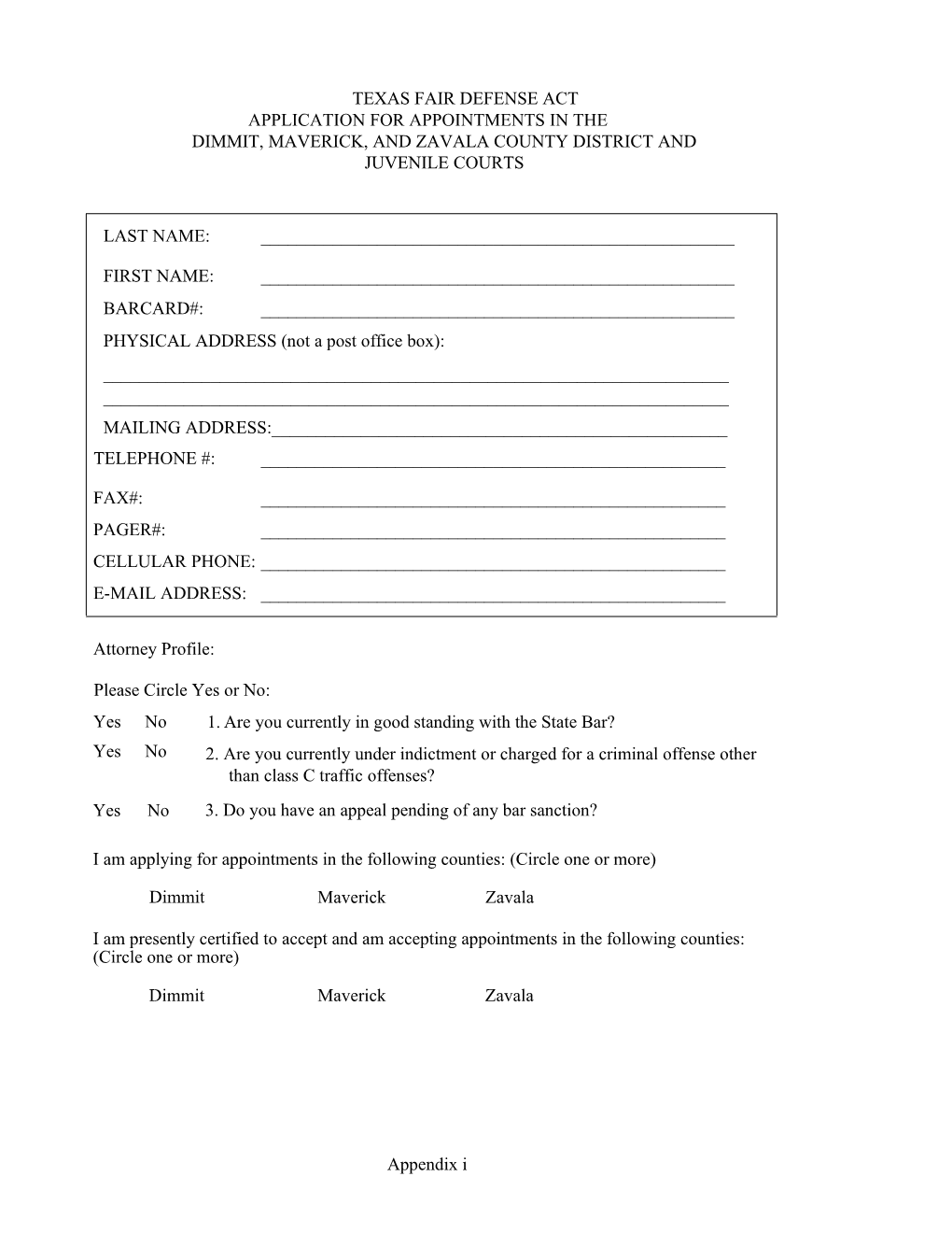 Texas Fair Defense Act Application for Appointments in The