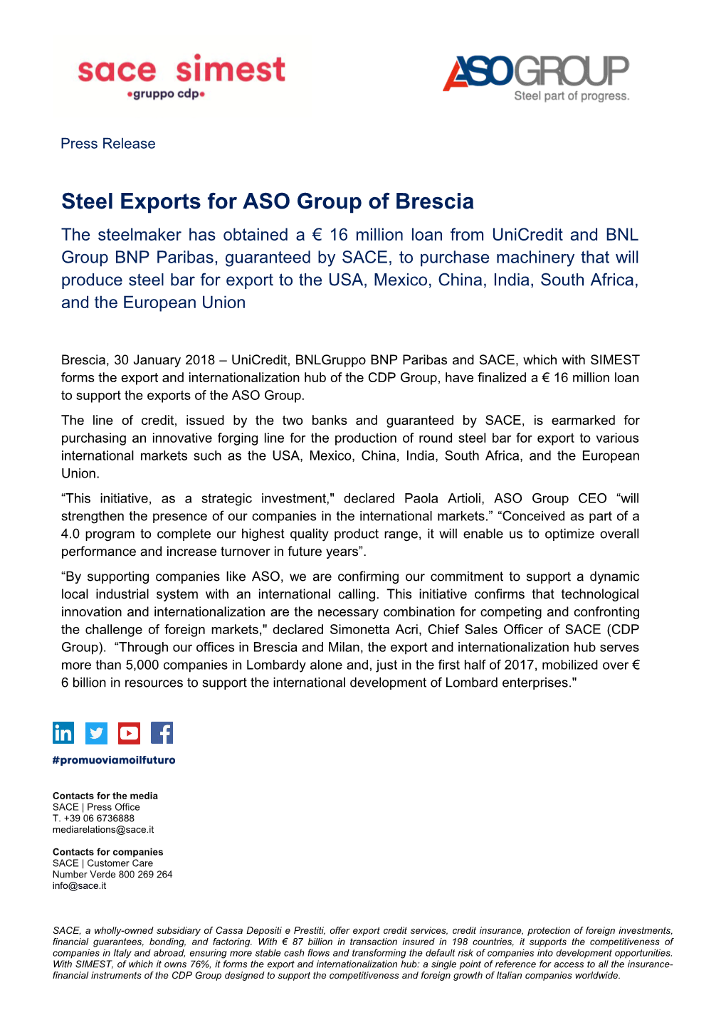 Steel Exports for ASO Group of Brescia