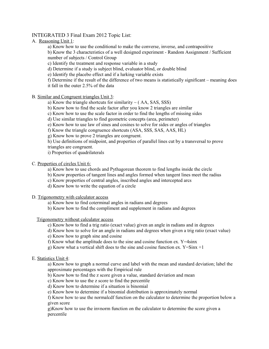 INTEGRATED 3 Final Exam 2012 Topic List