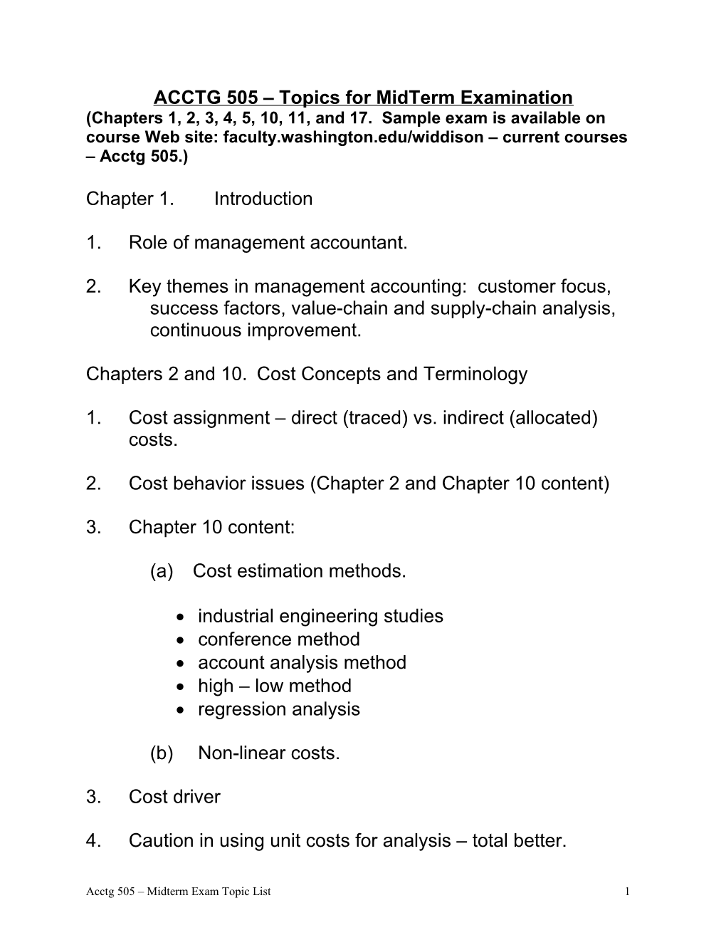 ACC 311 Topics for Midterm Examination