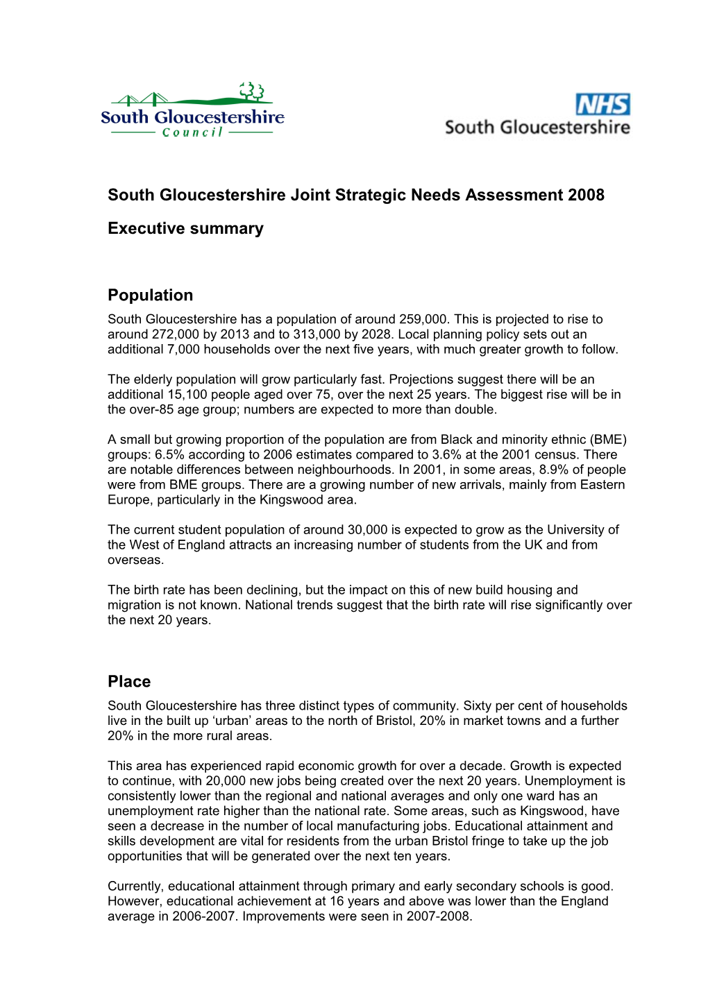 South Gloucestershire Joint Strategic Needs Assessment 2008