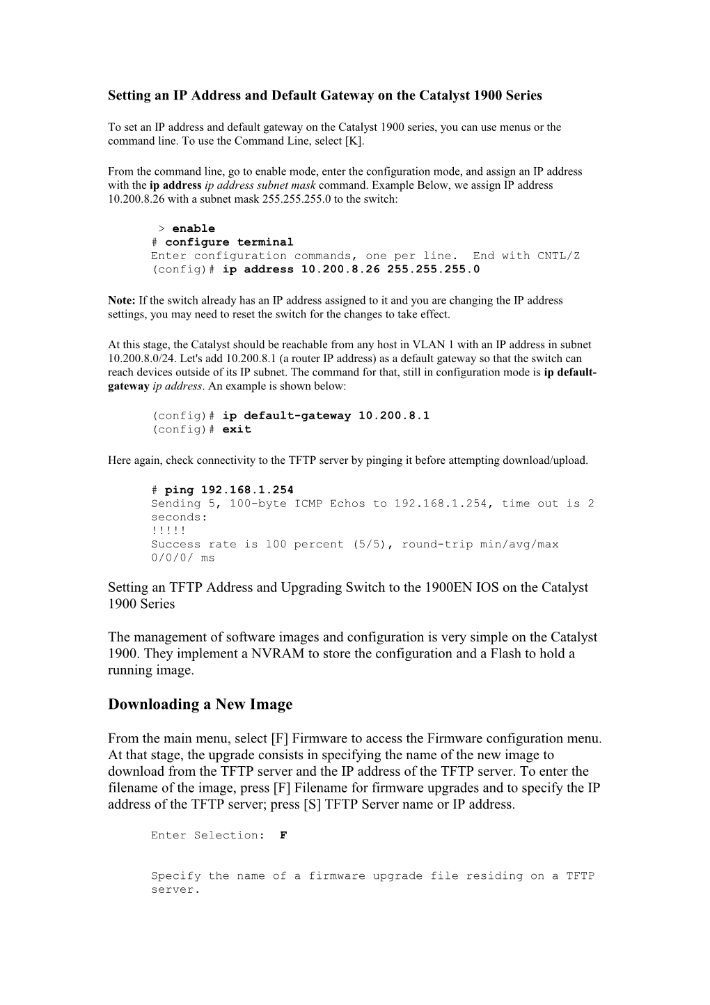 Setting an IP Address and Default Gateway on the Catalyst 1900 Series