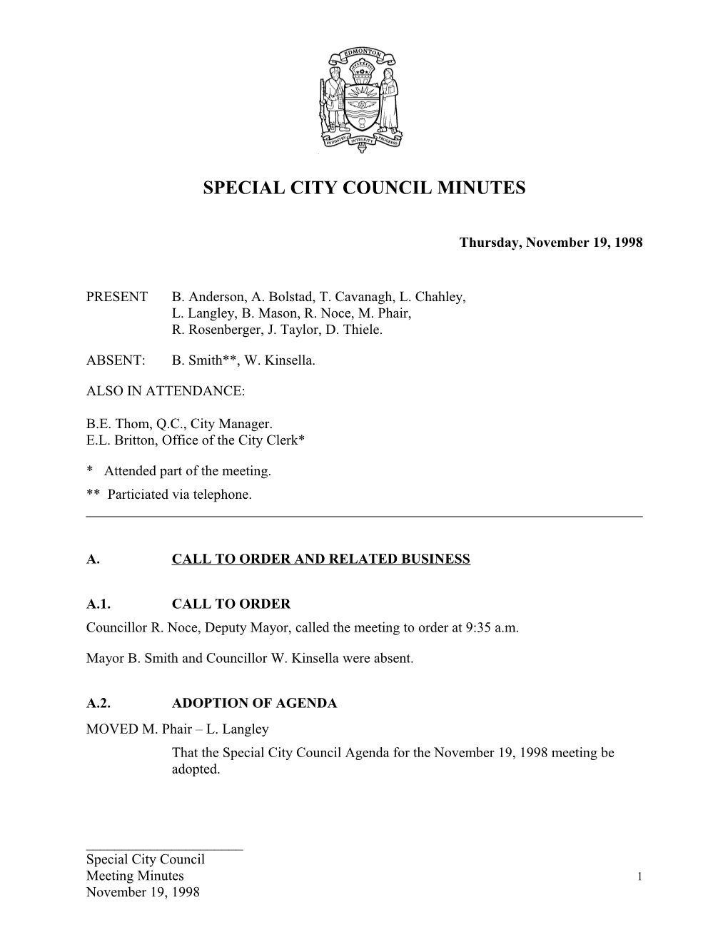 Minutes for City Council November 19, 1998 Meeting
