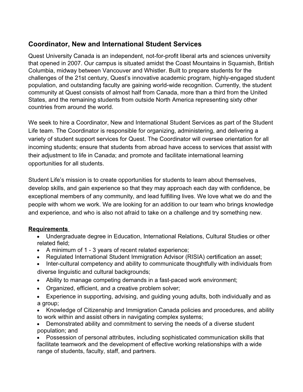 Coordinator, New and International Student Services