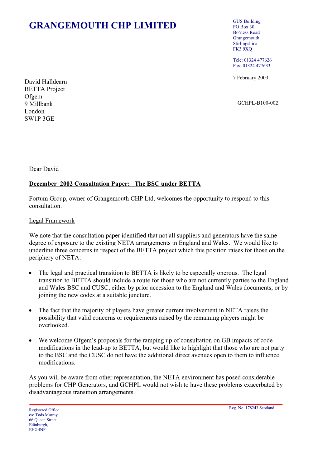 Grangemouth CHP Response - the Balancing and Settlement Code Under BETTA Ofgem/DTI Consultation