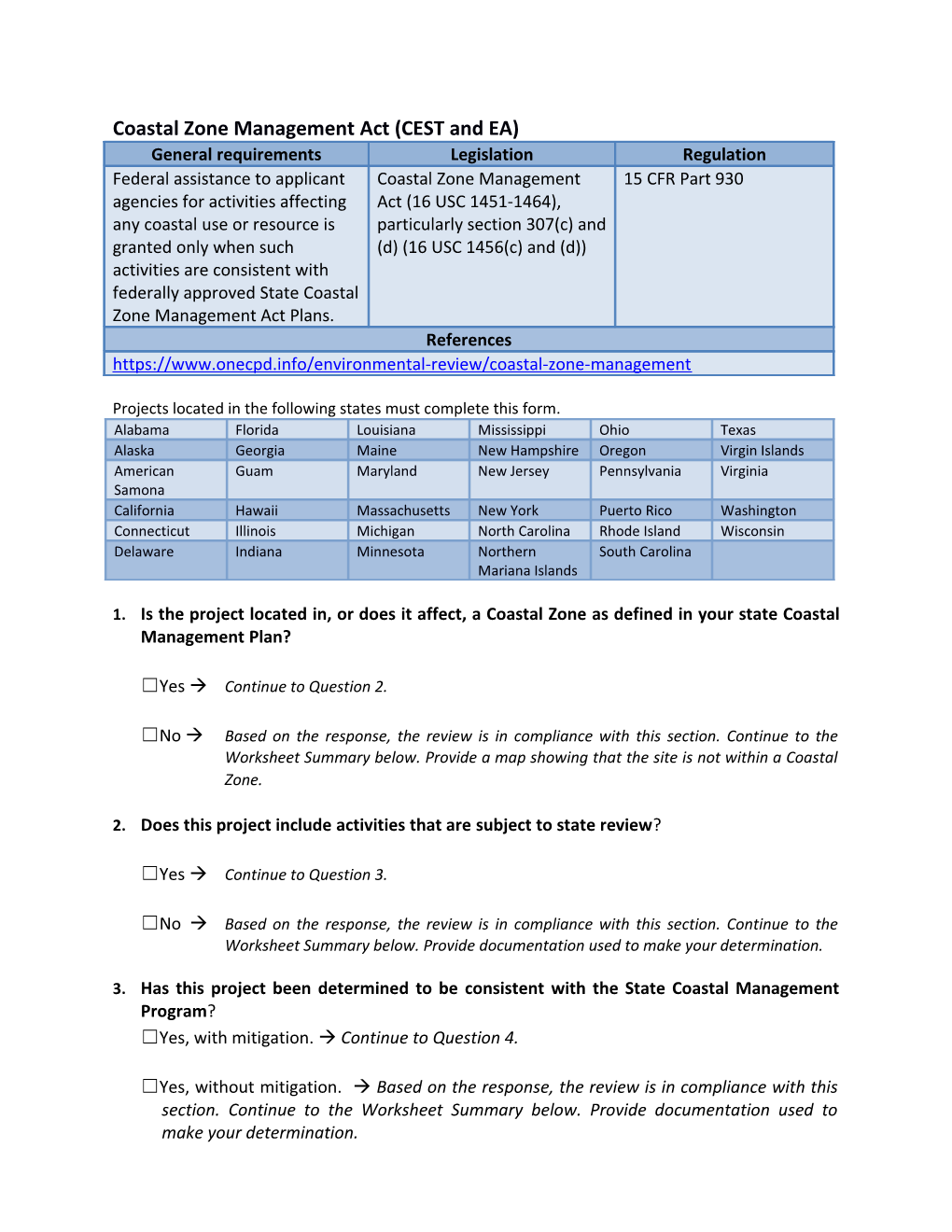 Coastal Zone Management - Worksheet