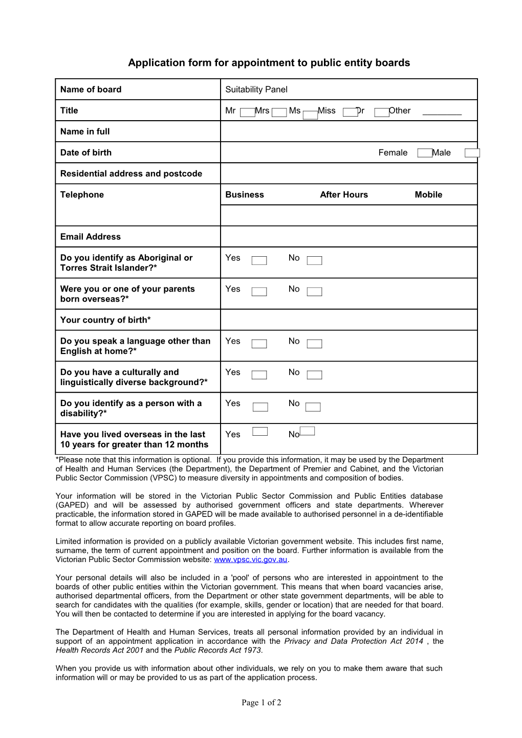Application Form for Appointment to Public Entity Boards - Suitability Panel Victoria