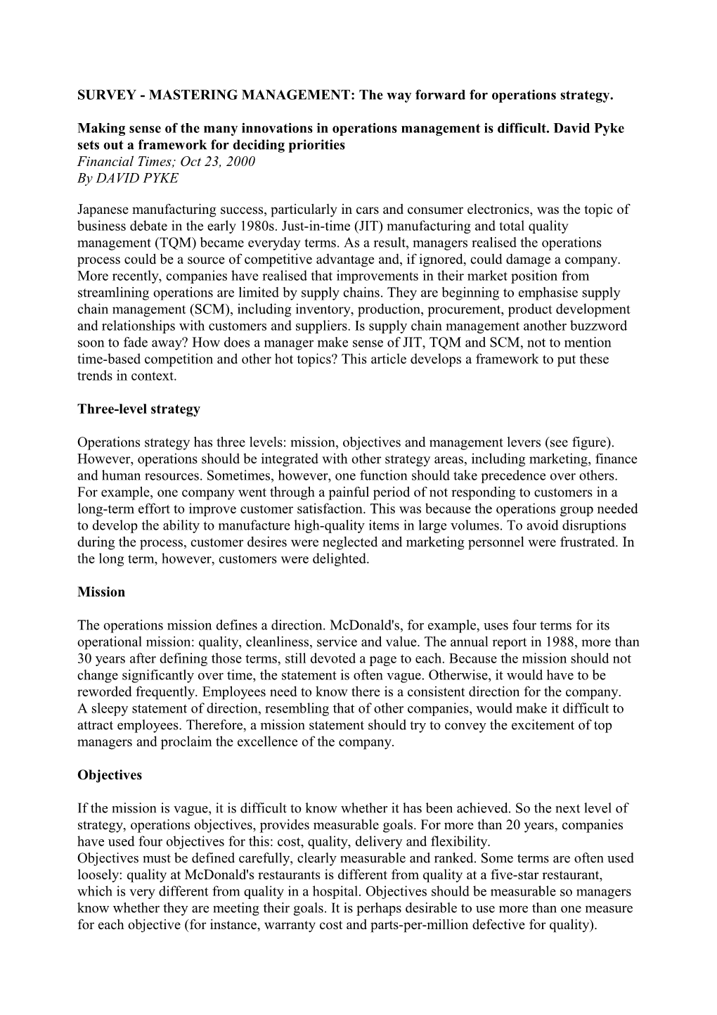 SURVEY - MASTERING MANAGEMENT: the Way Forward for Operations Strategy