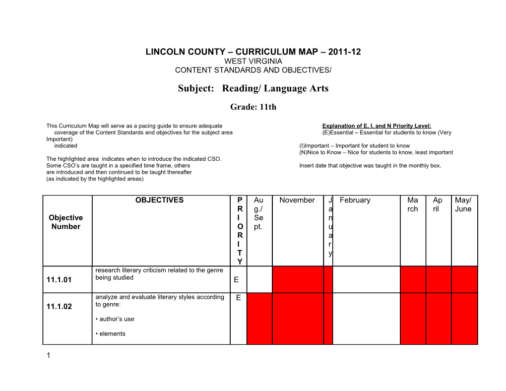 Lincoln County Curriculum Map 2011-12