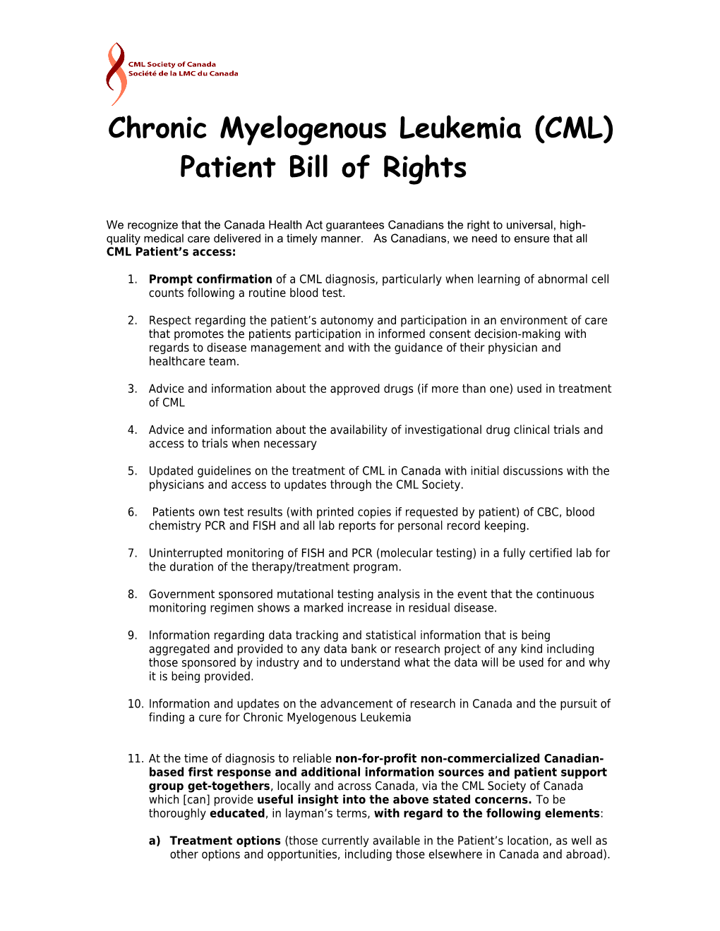 Chronic Myelogenous Leukemia(CML) Patient Bill of Rights