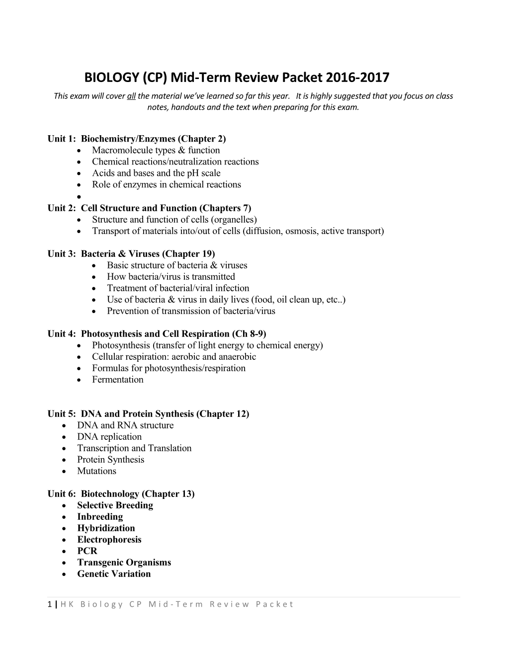 BIOLOGY (CP) Mid-Term Review Packet 2016-2017
