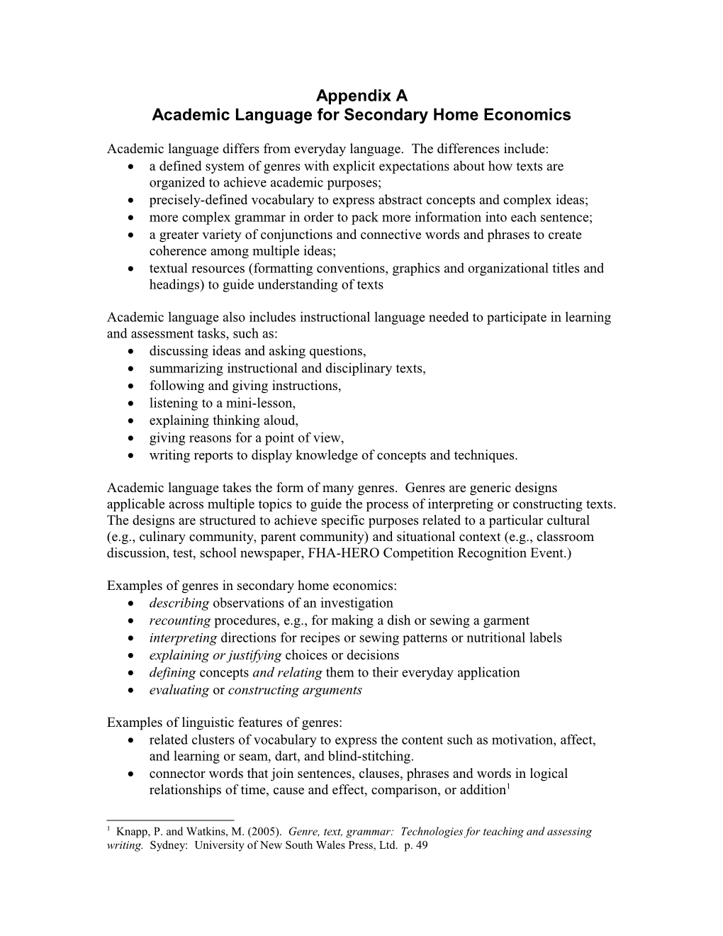 Academic Language for Secondary Home Economics