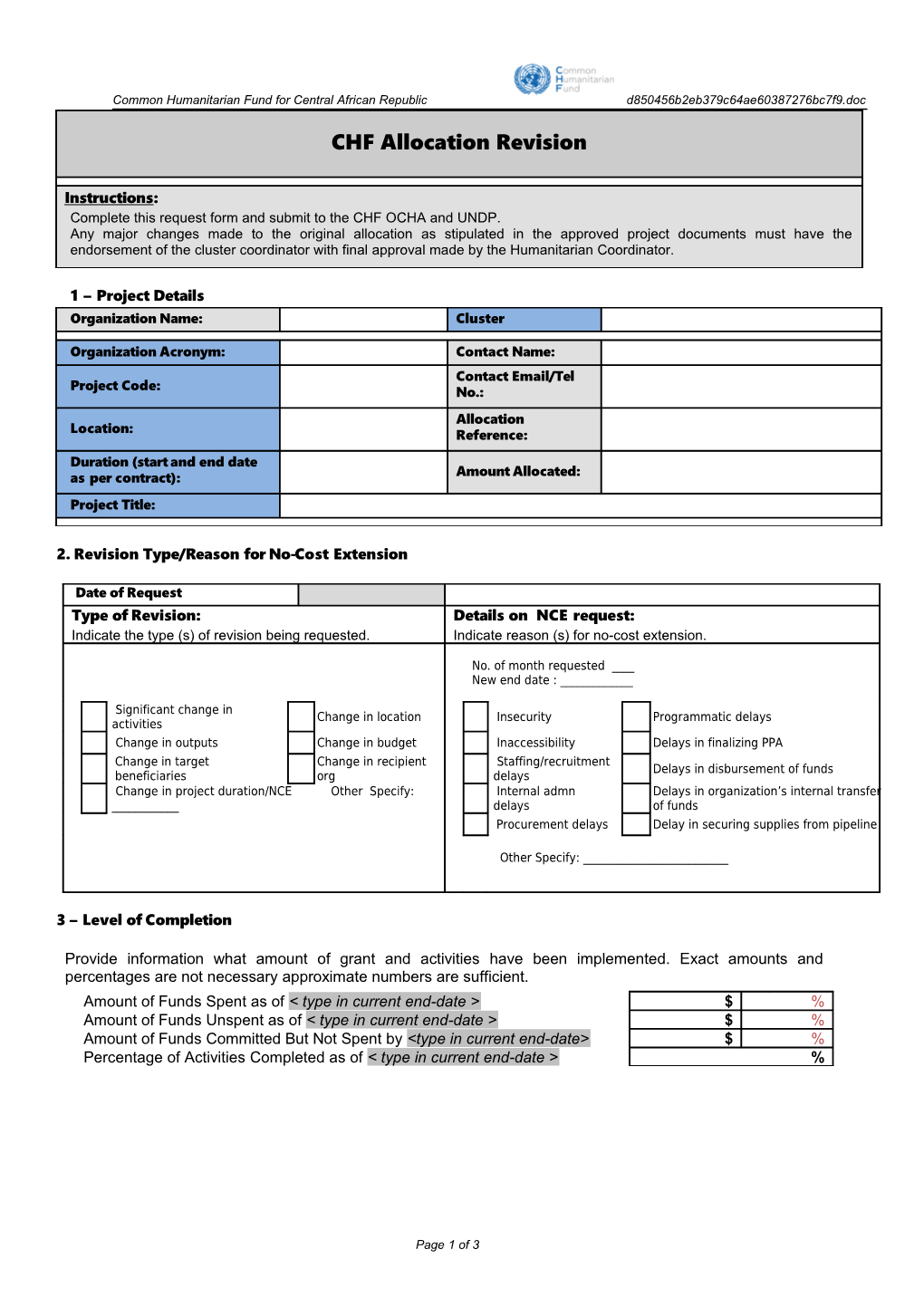 CHF 2007 No-Cost Extension Request Form