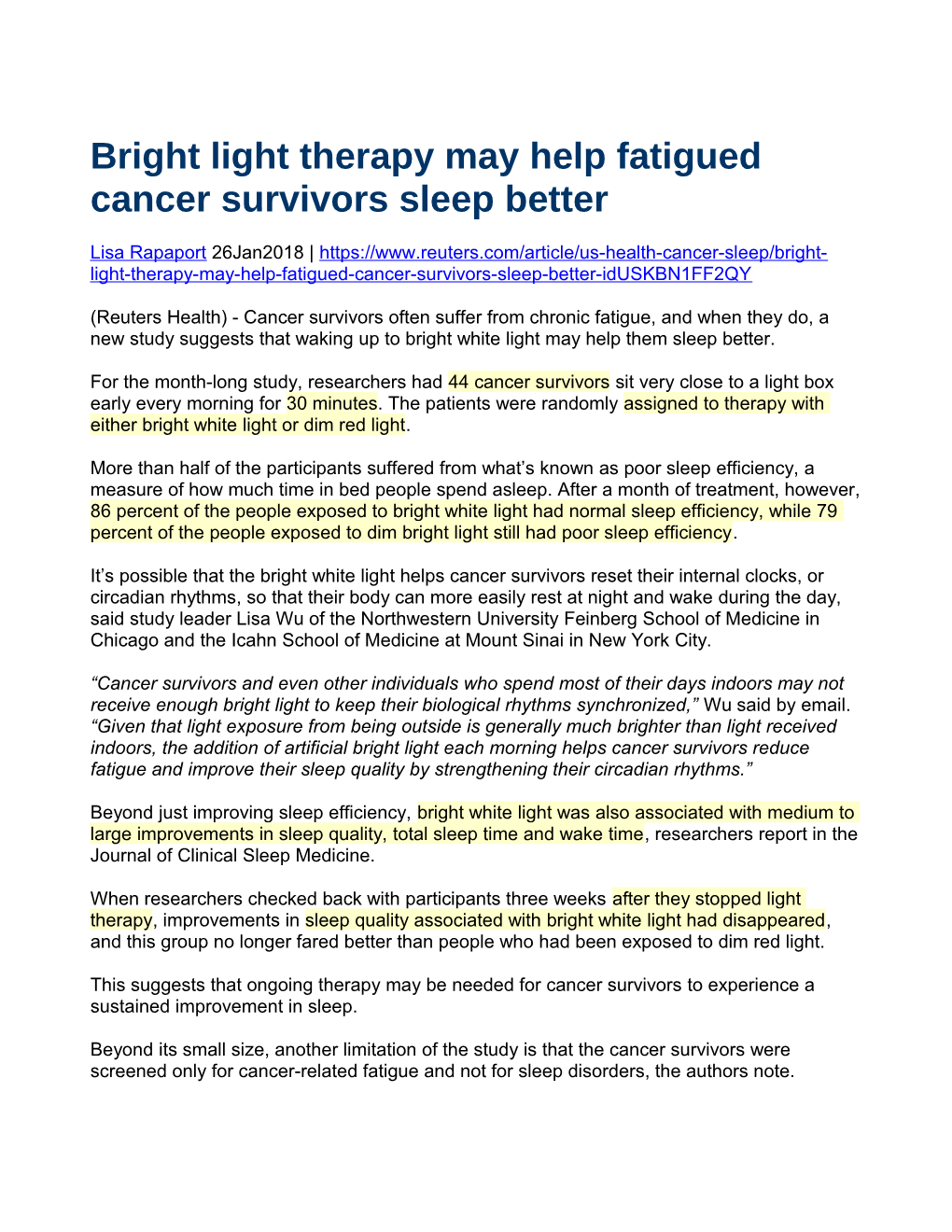 Bright Light Therapy May Help Fatigued Cancer Survivors Sleep Better