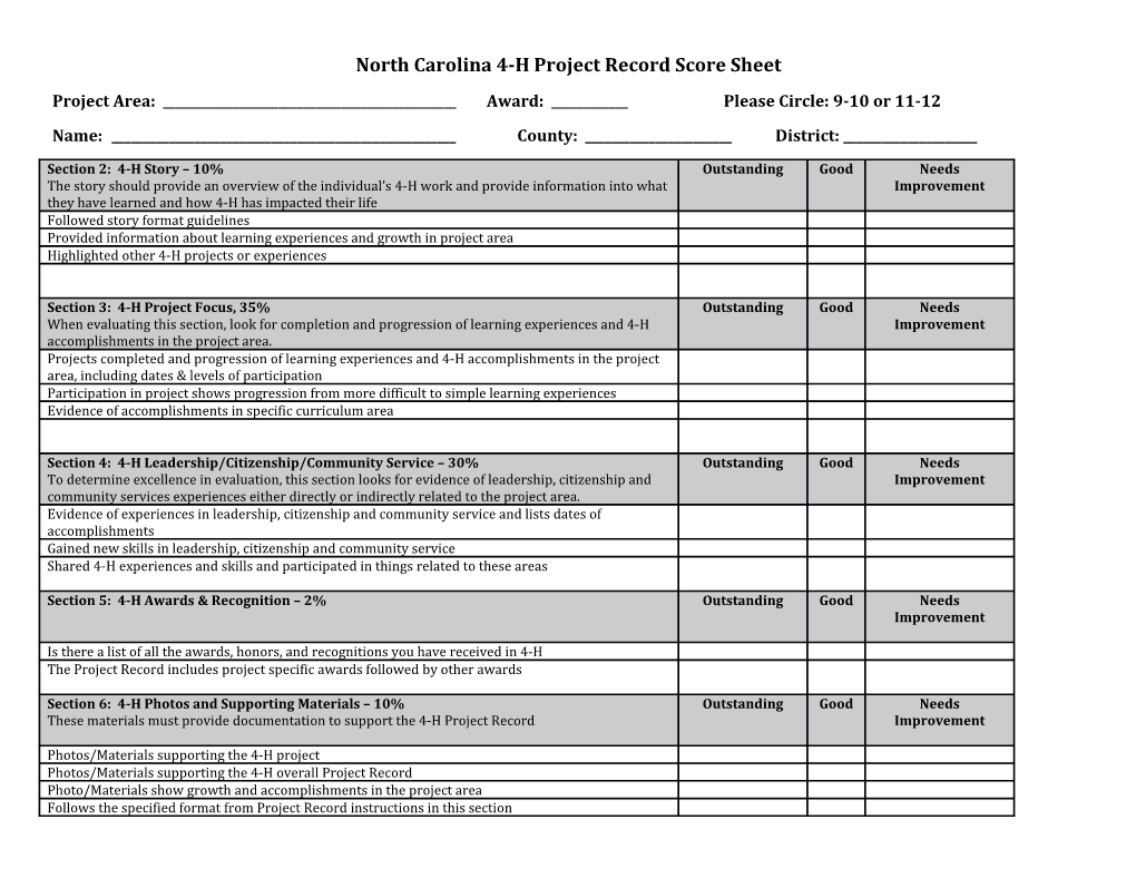 North Carolina 4-H Project Recordscore Sheet