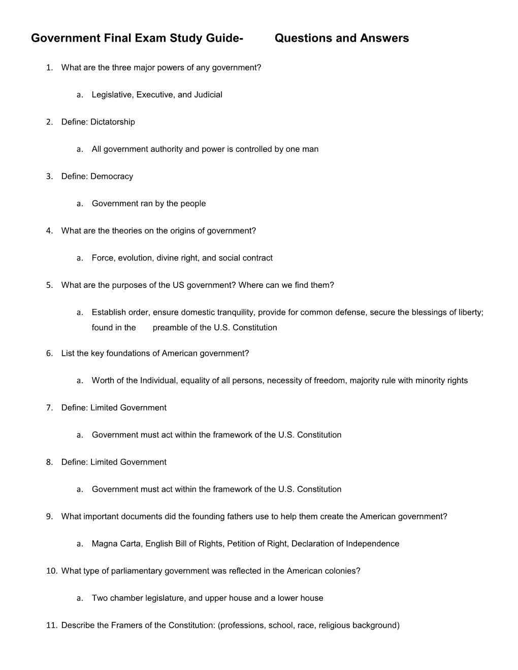 Government Final Exam Study Guide- Questions and Answers