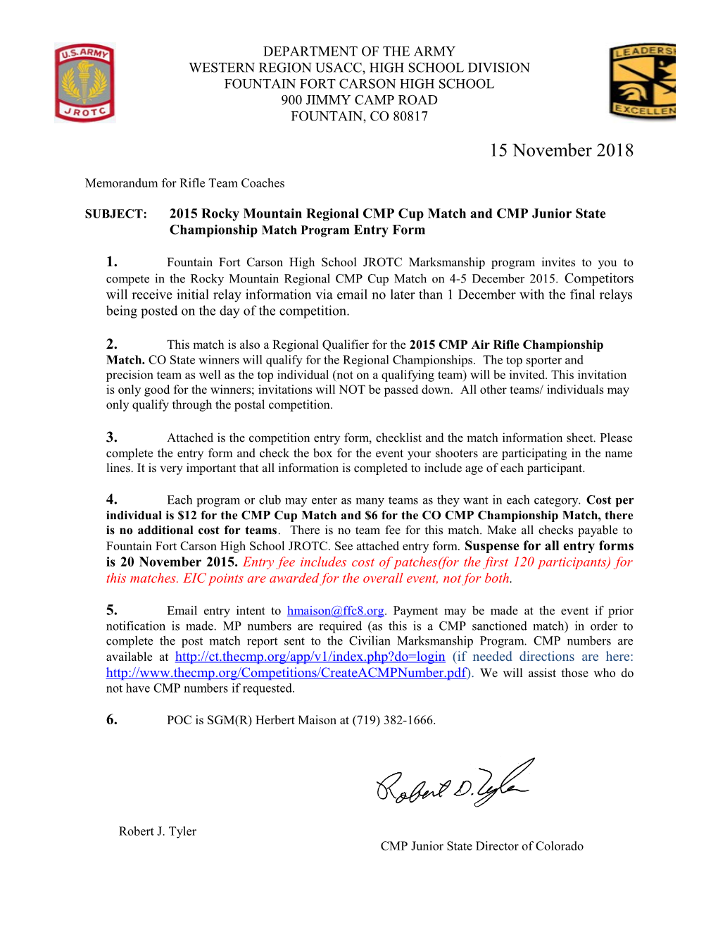 Memorandum for All JROTC Rifle Team Coaches