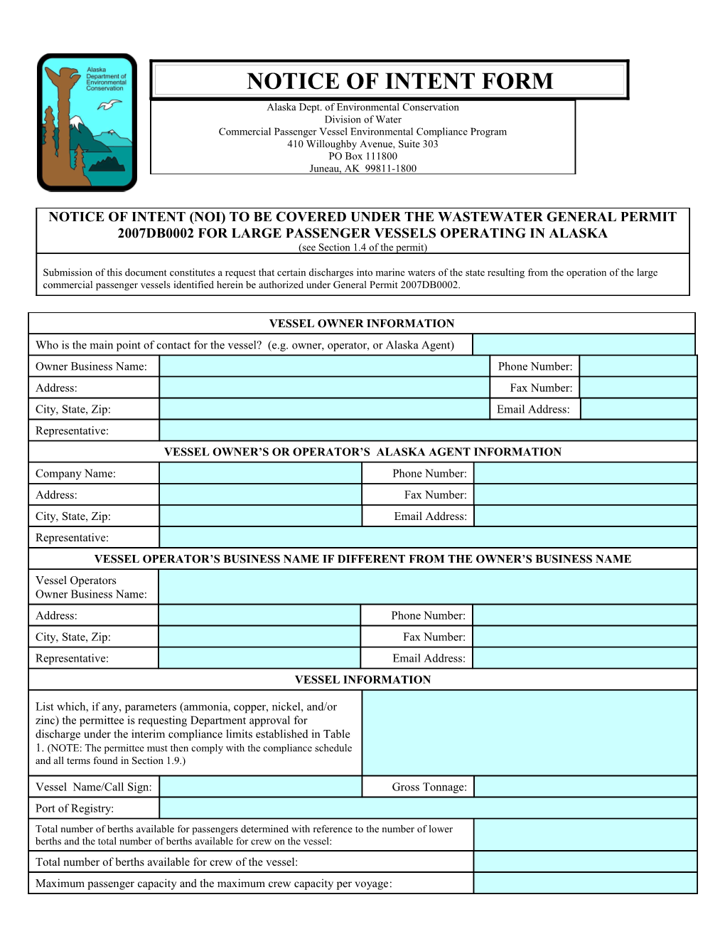 Notice of Intent (Noi) for Cruise Ship General Permit