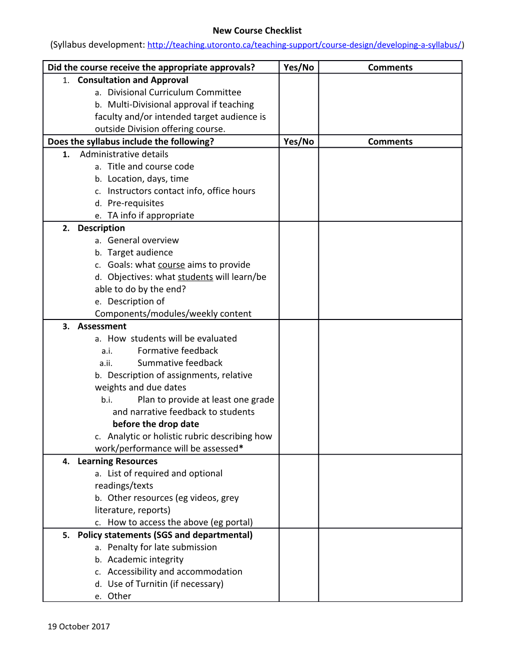 New Course Checklist (Syllabus Development