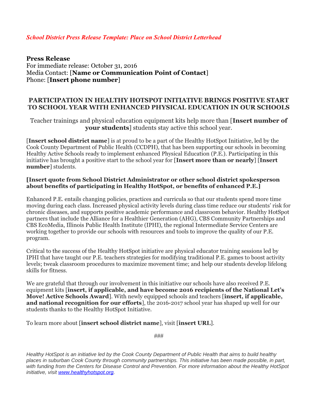 School District Press Release Template: Place on School District Letterhead