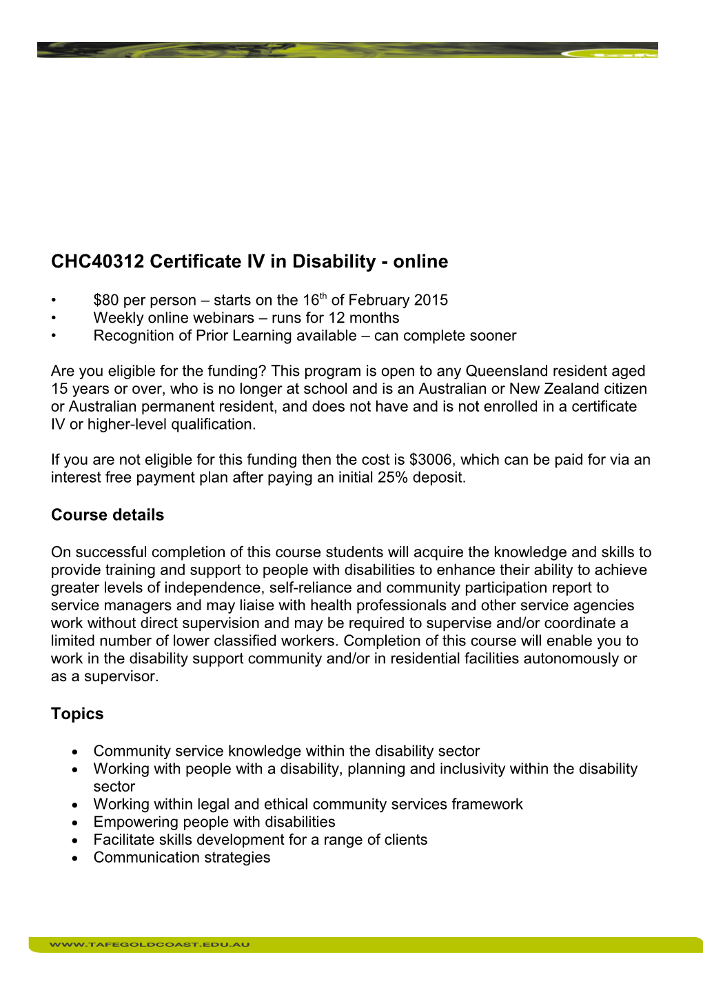 CHC40312 Certificate IV in Disability - Online