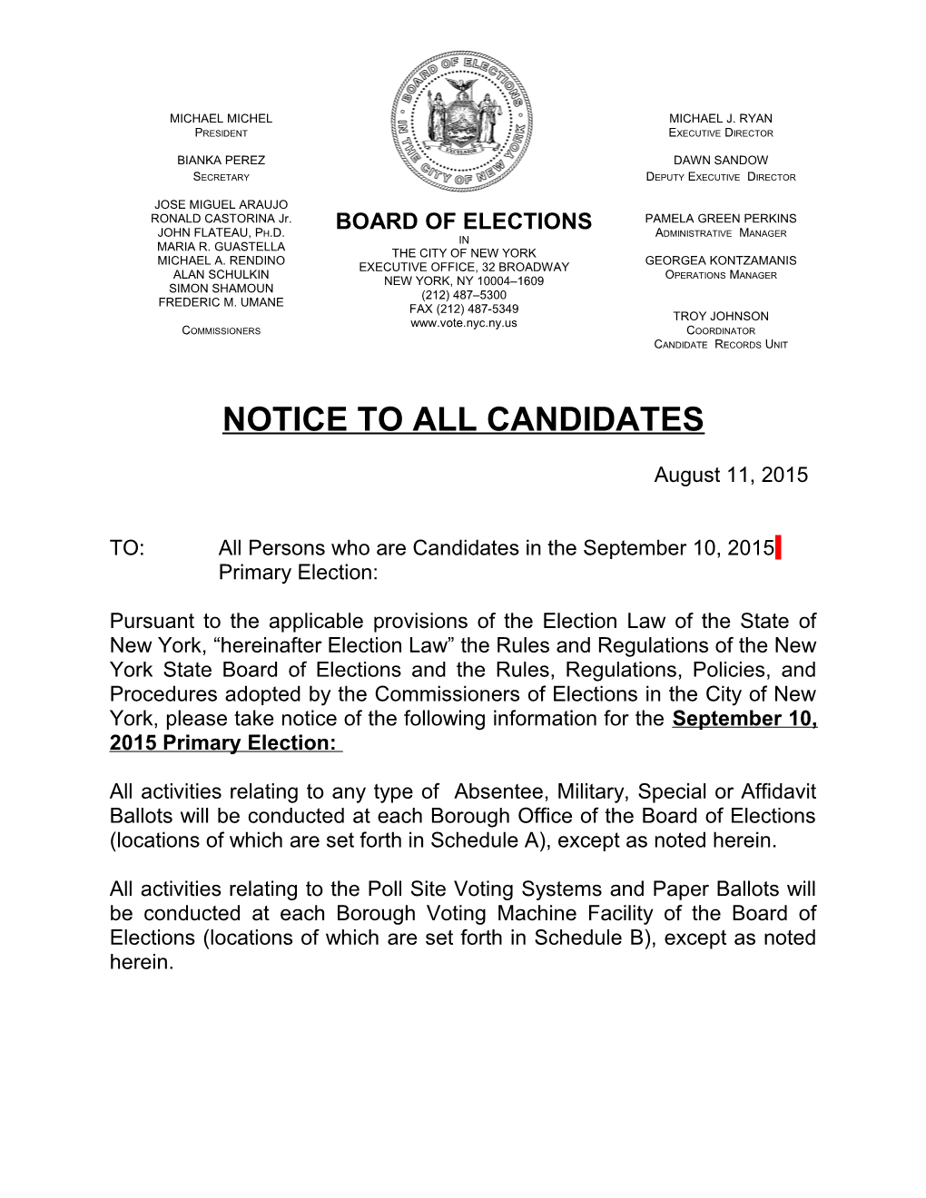 Notice to All Candidates