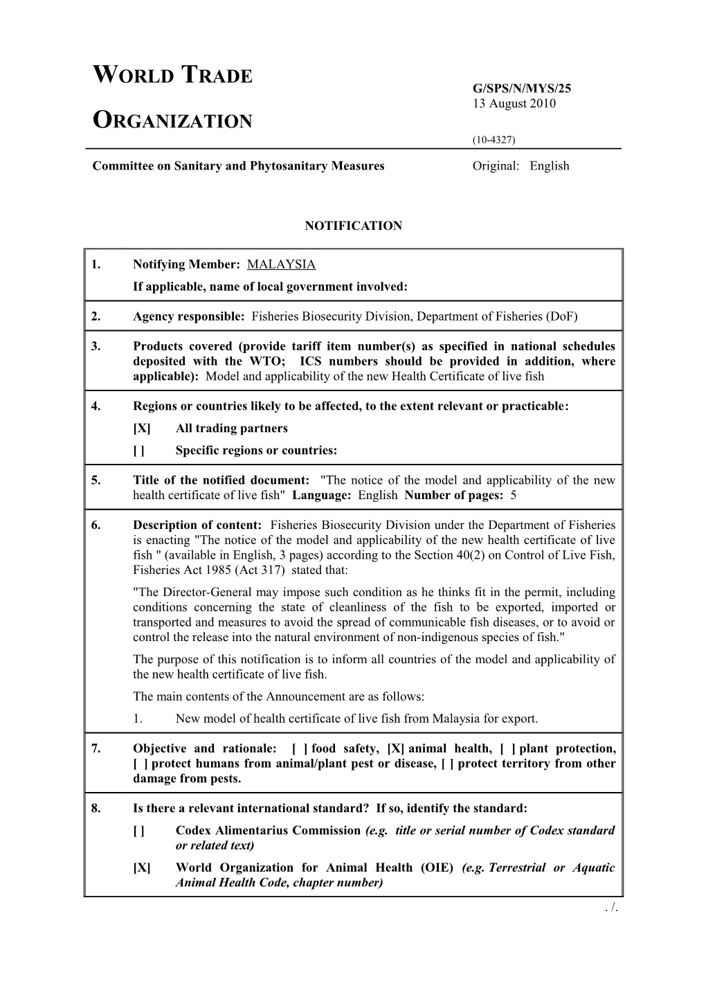 G/SPS/N/MYS/25 Page 1