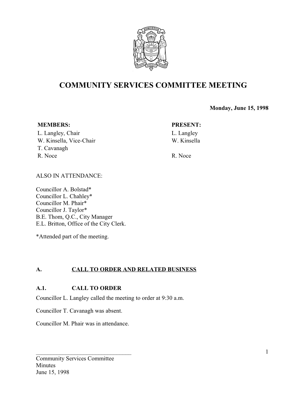 Minutes for Community Services Committee June 15, 1998 Meeting