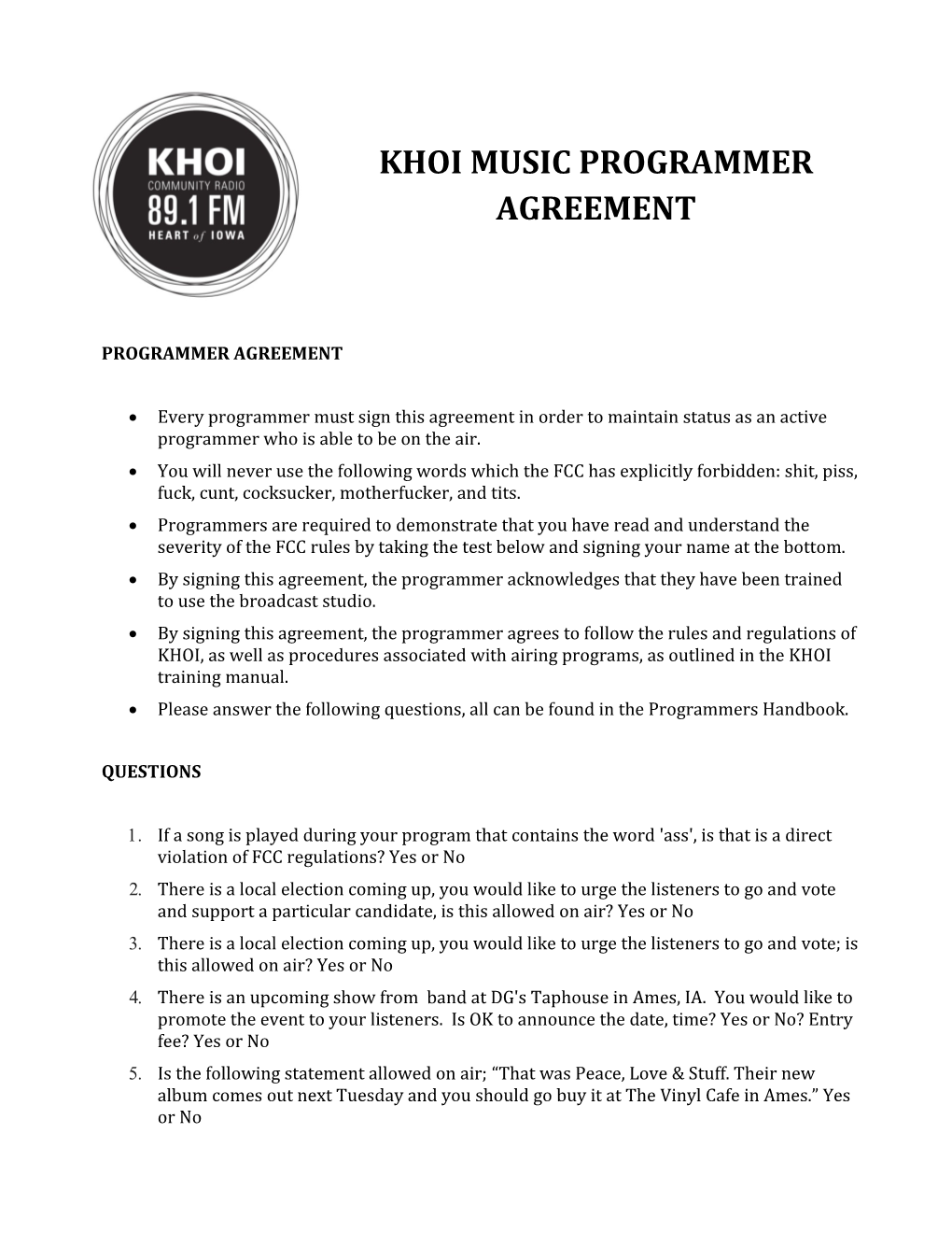 KHOI Music Programmer AGREEMENT