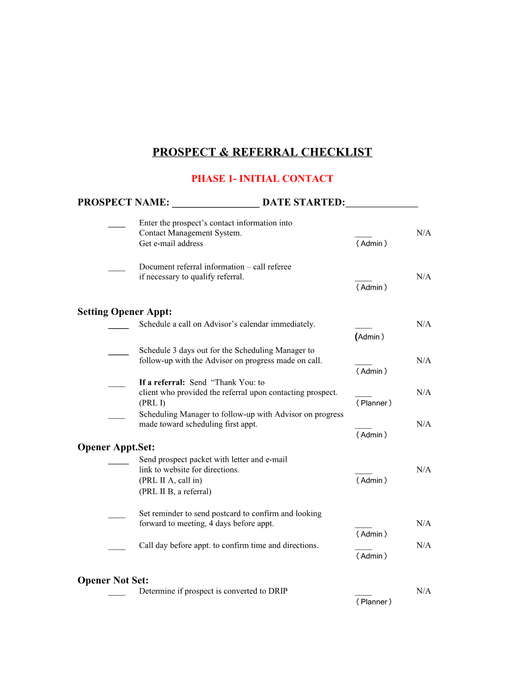 Prospect & Referral Checklist
