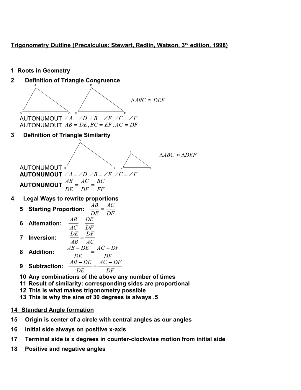 Outline for Teaching Trigonometry